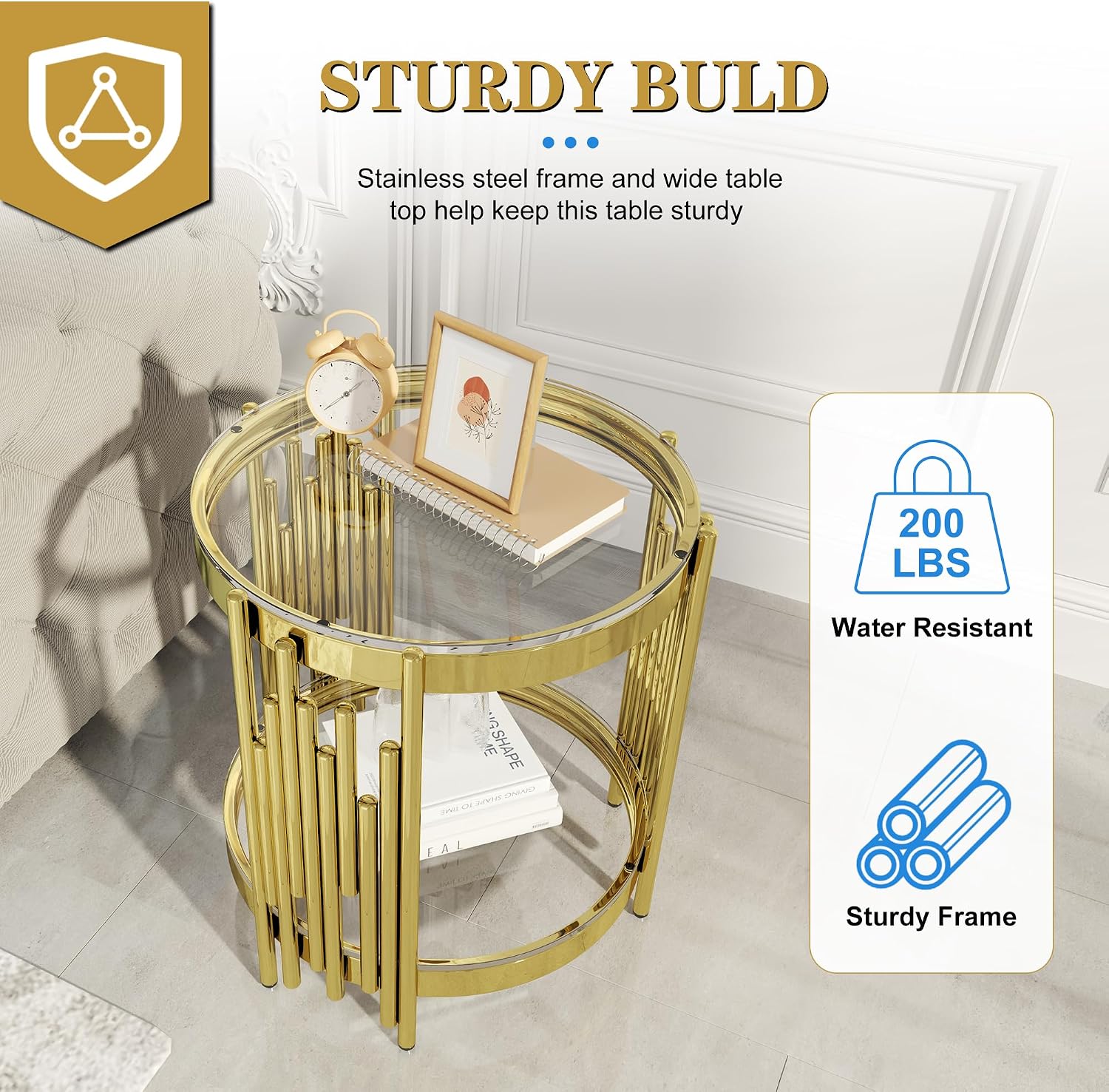 Round Glass End Table 19.69' Modern Coffee Table Living Room Table with Irregular Stainless Steel Leg, Sofa Side Table Clear Top for Home Apartment Office, Gold