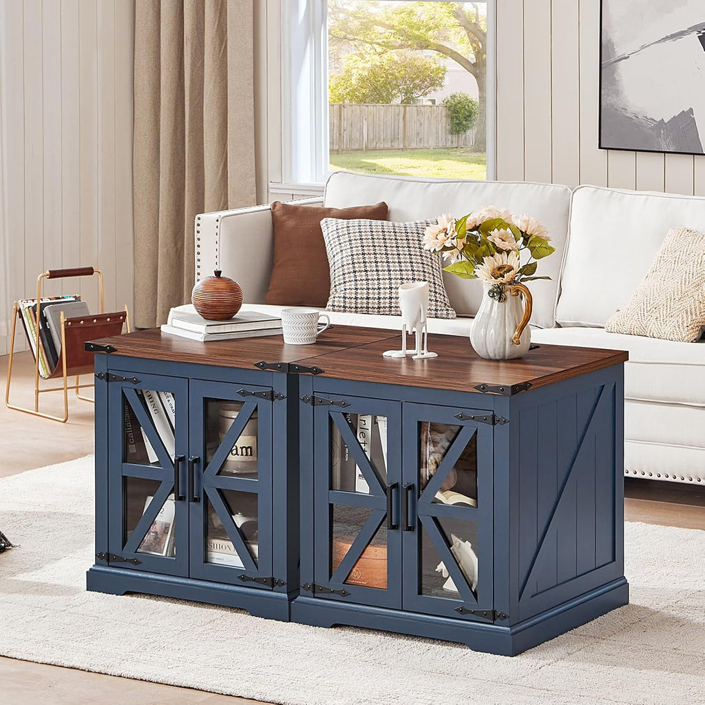 Farmhouse End Table Set of 2 with Charging Station, 24' Large Sofa Side Table with Glass Barn Door, Night Stand with Adjustable Shelf, Wood Nightstand, Square Bed Side Table for Living Room,Bedroom
