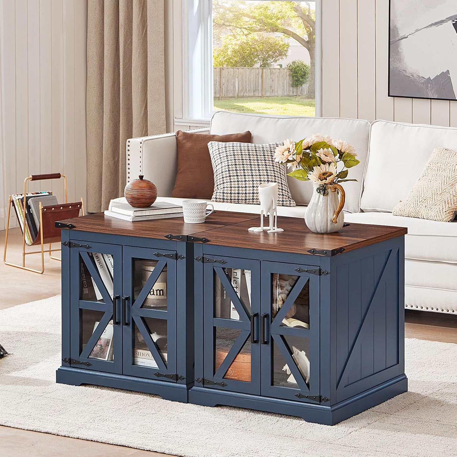 Farmhouse End Table Set of 2 with Charging Station, 24' Large Sofa Side Table with Glass Barn Door, Night Stand with Adjustable Shelf, Wood Nightstand, Square Bed Side Table for Living Room,Bedroom
