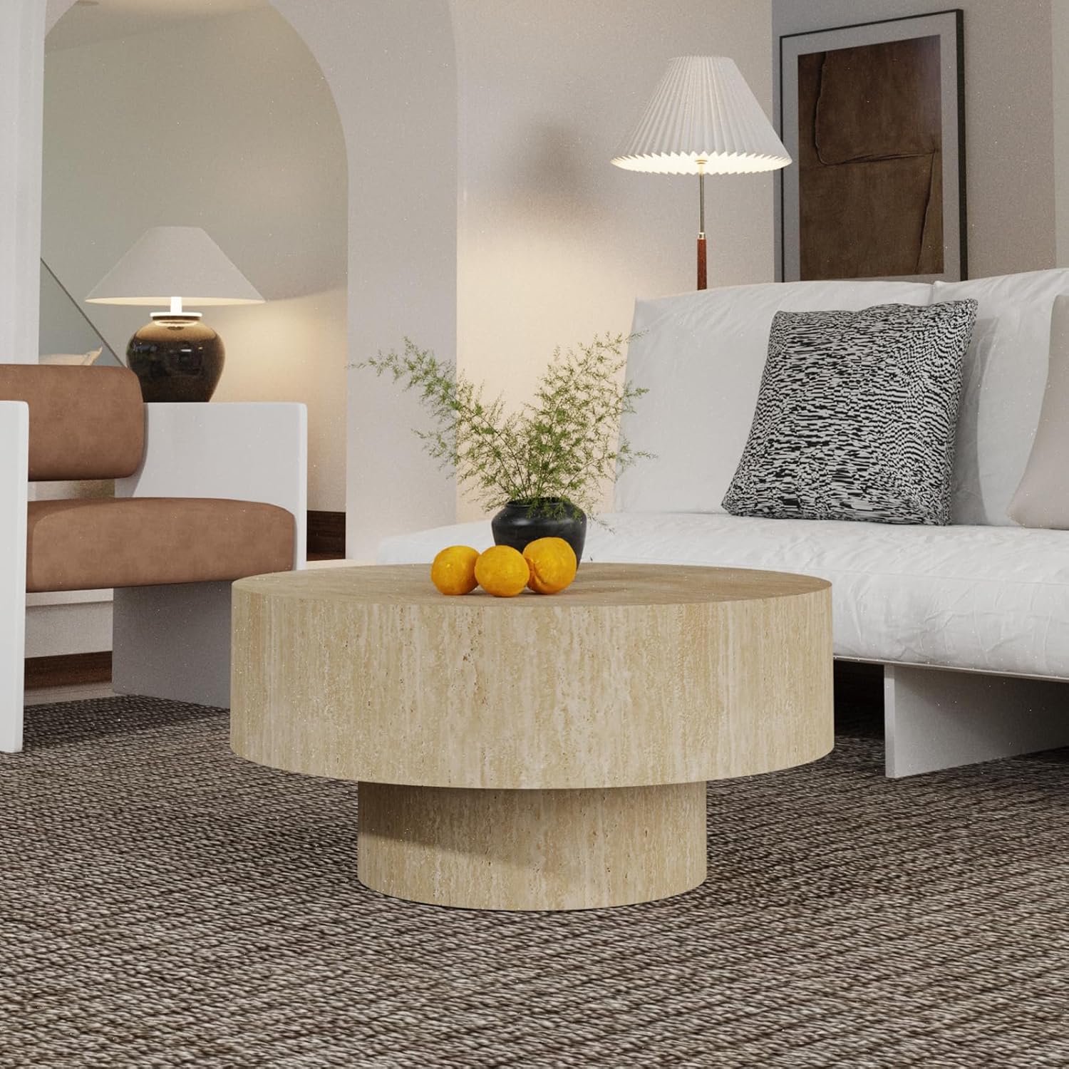 Round Coffee Table, Handcrafted Fluted Drum Coffee Tables Modern Wood Coffee Table Circle Drum Center Table for Living Room, Apartment (Travertine Round)