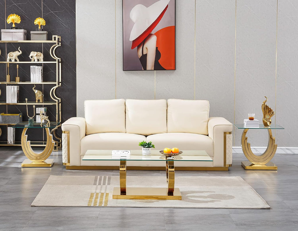3 Pieces Living Room Table Set, Glass Coffee Table Set of 3, Modern Coffee Table and 2 End Tables with Three U-Shaped Stainless Steel Base for Living Room (Gold)
