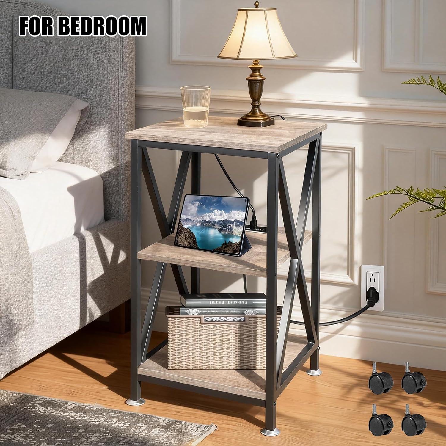 End Tables Living Room Set of 2, Square End Table with Charging Station, 16' D X 16' W X 28' H, Wood and Metal Table with USB Ports and Outlets, Side Table with Wheels for Living Room, Bedroom, Grey