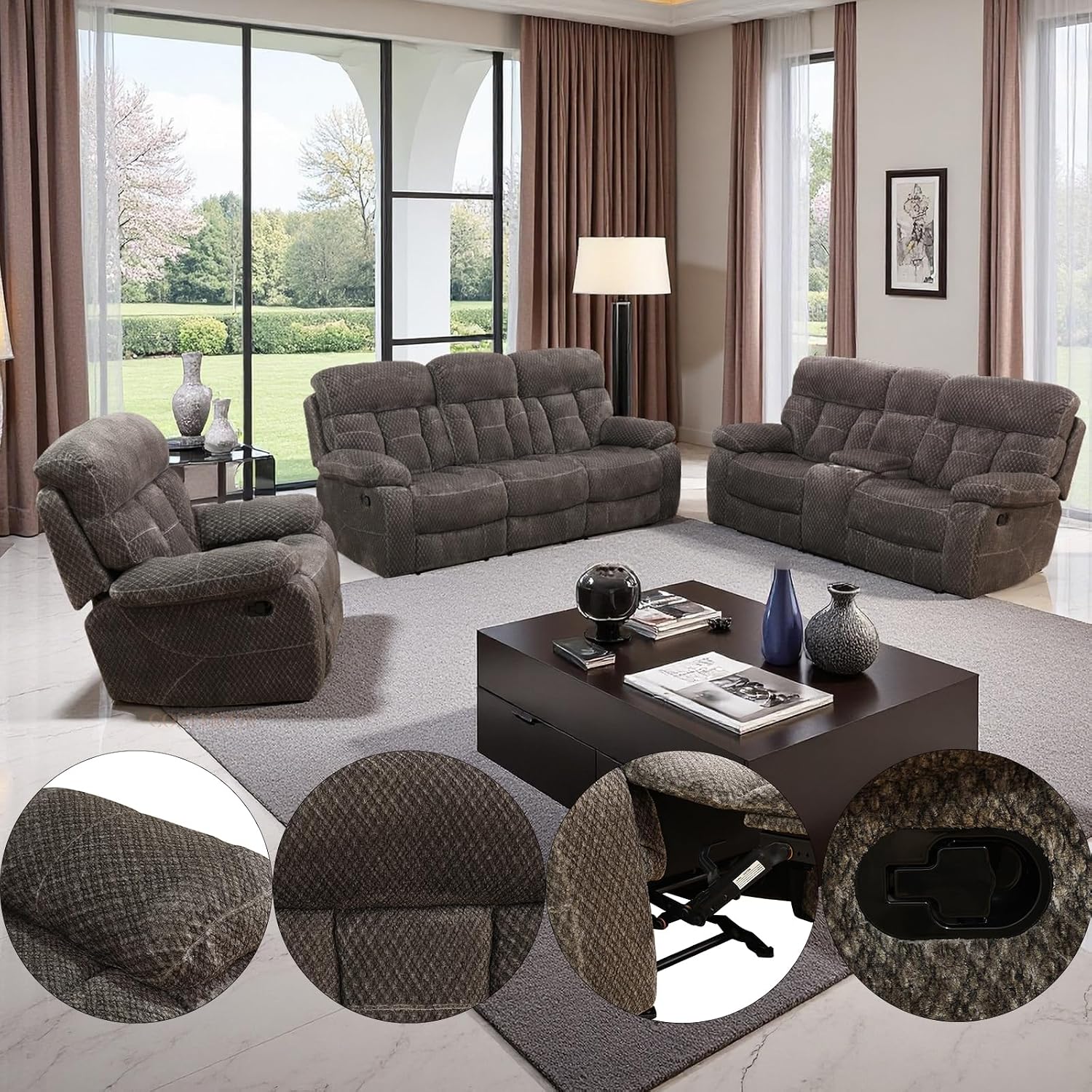 Fabric Recliner Sofa Set with Cup Holder, 3 Pieces Living Room Furniture Sets, Manual Reclining Sofa Set with Storage, Modern Reclining Couches for Living Room/Office