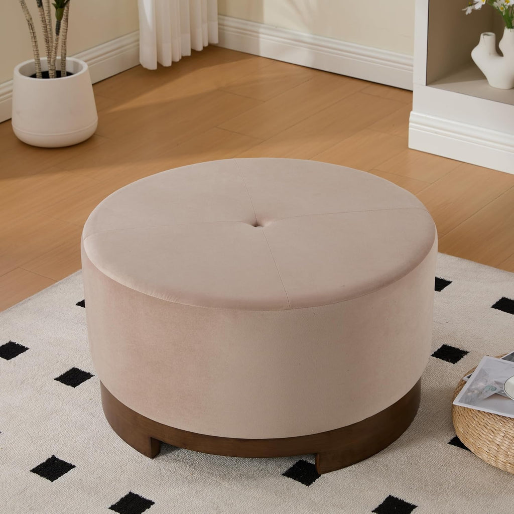 Christopher Knight Home Monroe Velvet Upholstery Round Ottoman, Living Room Sofa Ottoman with Wood Frame, Accent Small Foot Stool, Round Coffee Table, No Assembly Needed, Camel + Dark Walnut