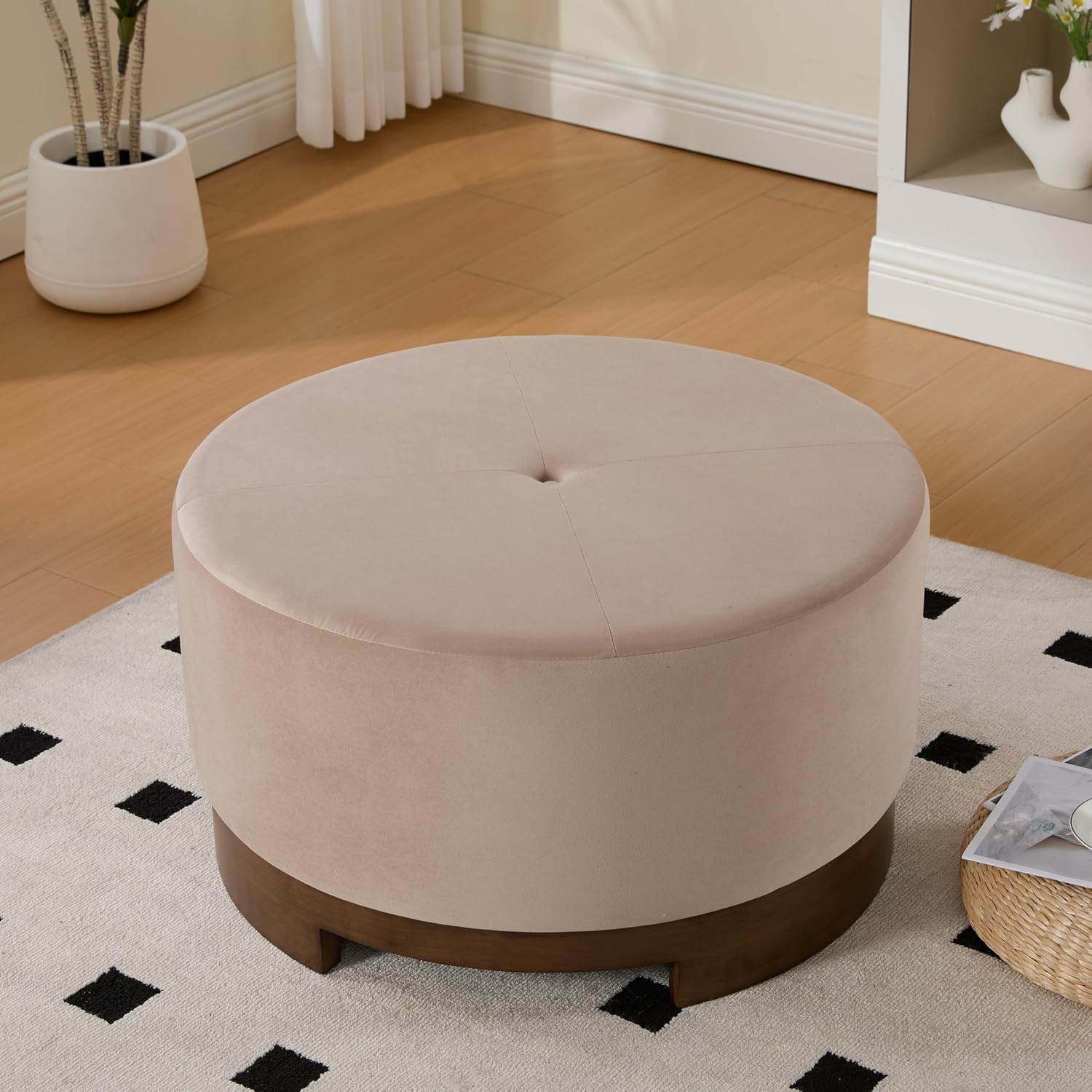 Christopher Knight Home Monroe Velvet Upholstery Round Ottoman, Living Room Sofa Ottoman with Wood Frame, Accent Small Foot Stool, Round Coffee Table, No Assembly Needed, Camel + Dark Walnut