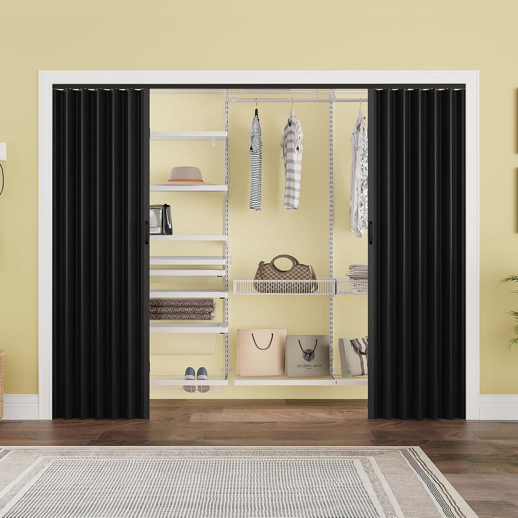 96' x 80' PVC Interior Accordion Door, Suitable for Opening Width 73'-96', Trimmable Height & Width, Room Dividers for Pantry Laundry Closet RV, Strong Magnet Folding Doors, Easy to Install, Black