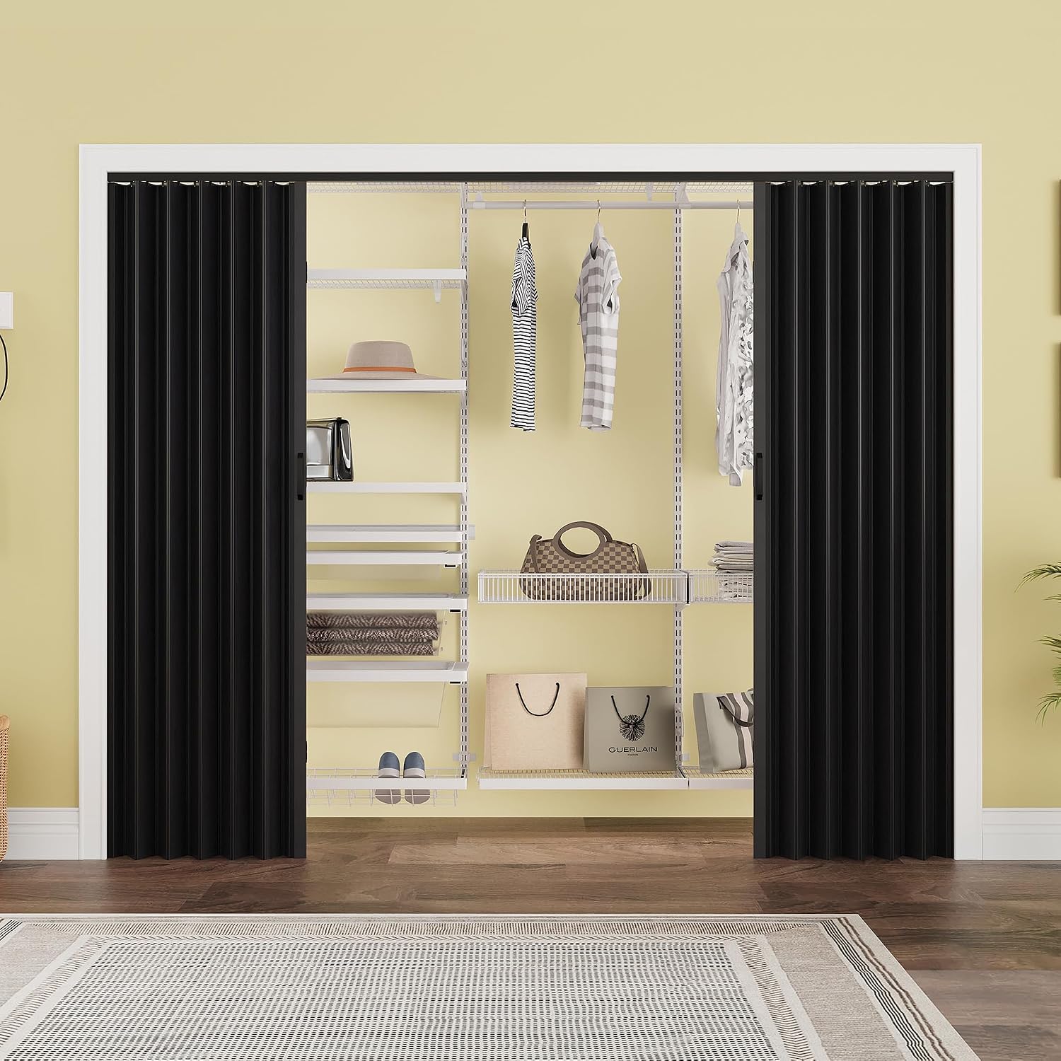 96' x 80' PVC Interior Accordion Door, Suitable for Opening Width 73'-96', Trimmable Height & Width, Room Dividers for Pantry Laundry Closet RV, Strong Magnet Folding Doors, Easy to Install, Black