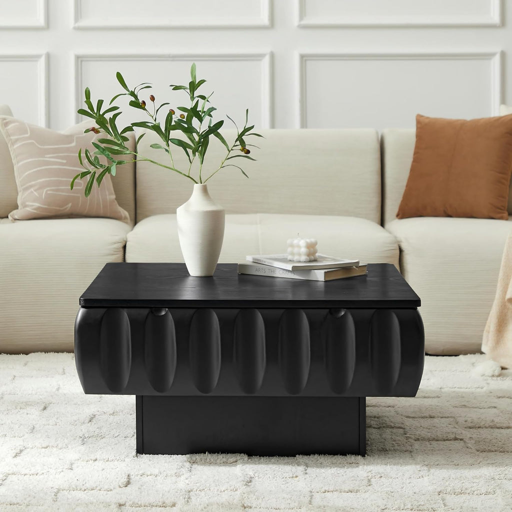 31.1'' Lift Top Coffee Table with Hidden Storage Space, Modern Drum Handcraft Wood Fluted Square Coffee Table for Living Room, Easy Assembly, Black