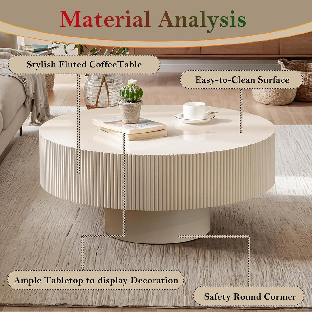 Round Fluted Coffee Table Rustic Circular Pedestal Center Table with Round Thicken Tabletop & Sturdy Base for Living Room Reception Room Study Farmhouse (Lvory White Thicken 30.71in)