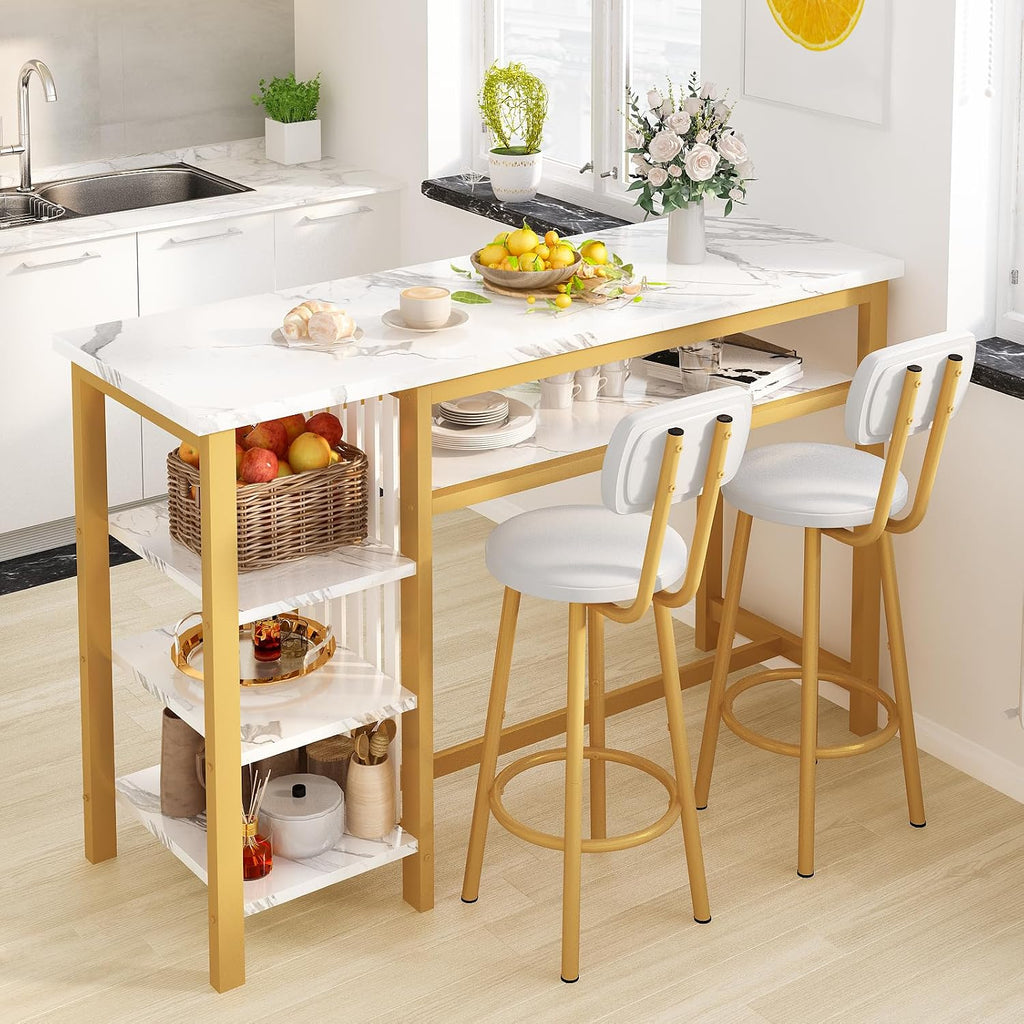 AWQM 3-Piece Bar Table and Chairs Set, Modern White Faux Marble Table with 2 PU Cushion Bar Stools, Kitchen Counter with 3 Tier Storage Shelves, Space Saving Table for Home & Kitchen, White & Gold