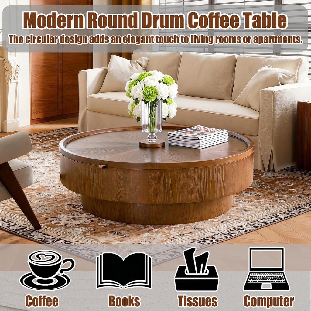 39.4'' Round Storage Coffee Table, Modern Drum Coffee Tables with Solid Wood Veneer, Wooden Circle Center Table for Living Room, Small Spaces, and Apartments, Easy Assembly