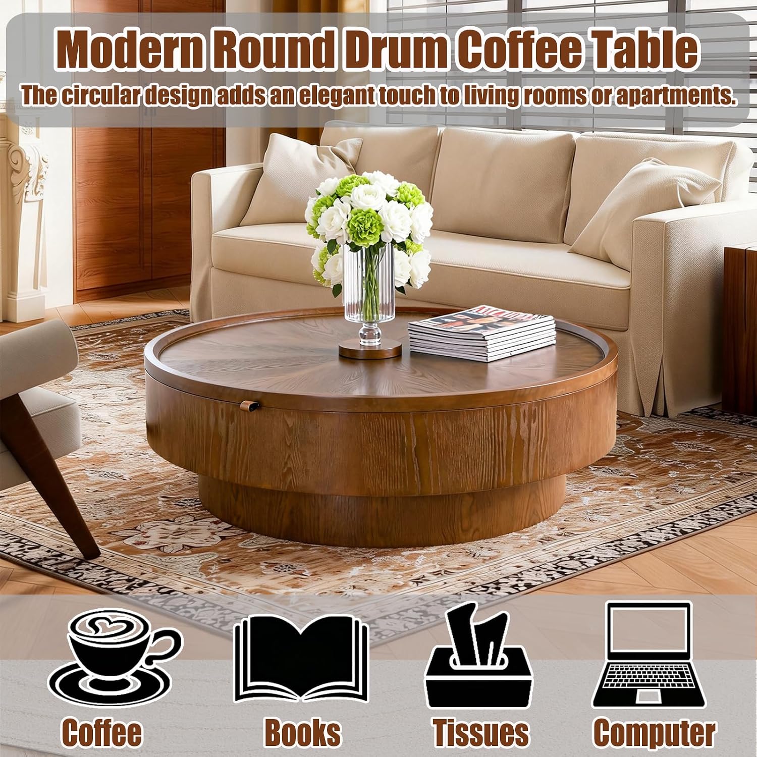 39.4'' Round Storage Coffee Table, Modern Drum Coffee Tables with Solid Wood Veneer, Wooden Circle Center Table for Living Room, Small Spaces, and Apartments, Easy Assembly