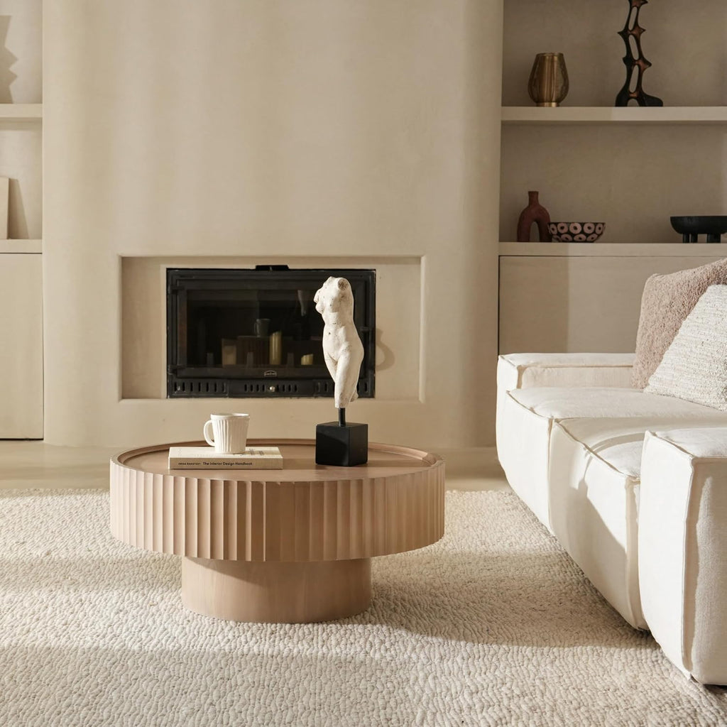 Round Coffee Table, 30.3in Modern Living Room Table, Fluted Drum Circle Tea Table with Storage, Accent Center Tables for Living Room, Apartment, Small Space (Grayish Pink)