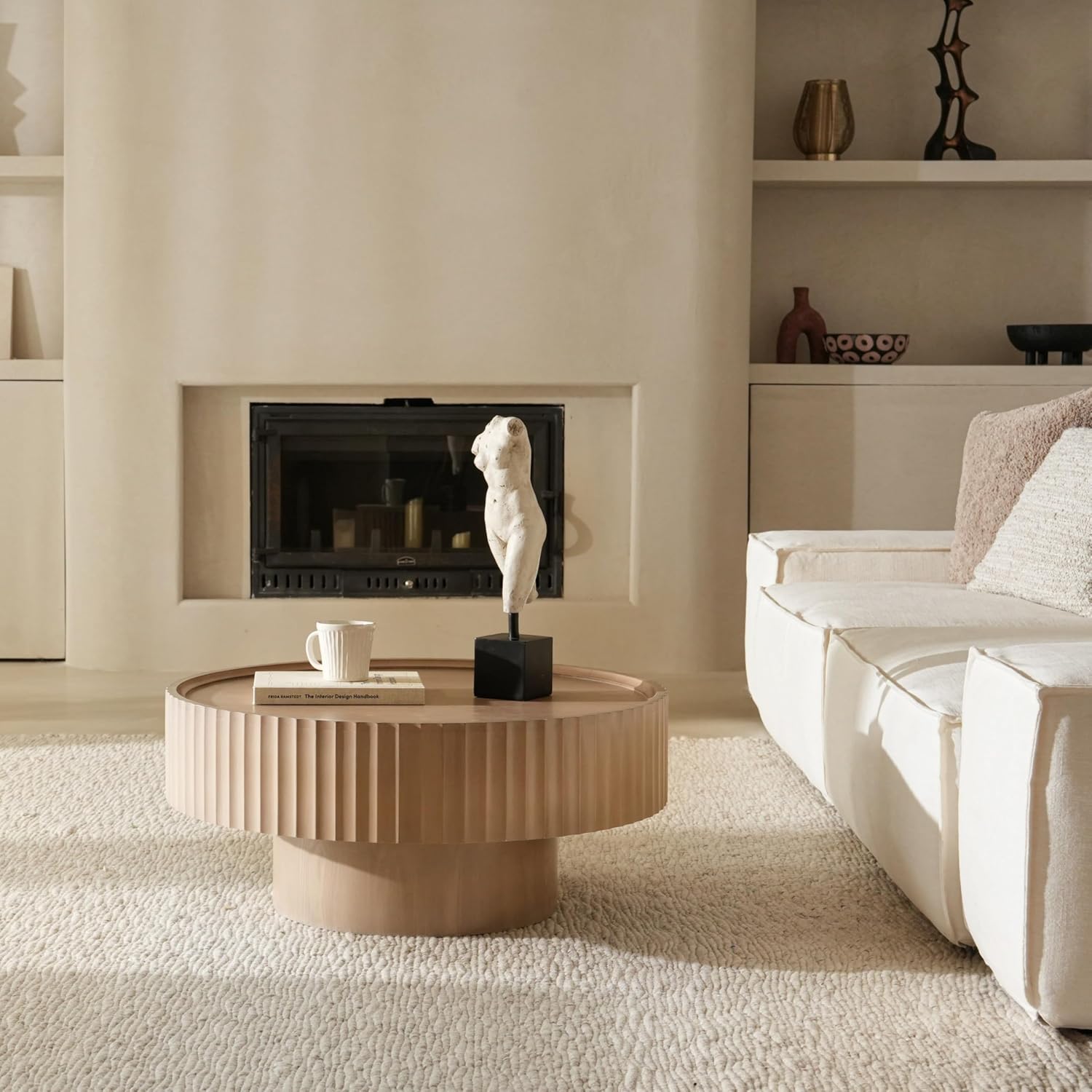 Round Coffee Table, 30.3in Modern Living Room Table, Fluted Drum Circle Tea Table with Storage, Accent Center Tables for Living Room, Apartment, Small Space (Grayish Pink)