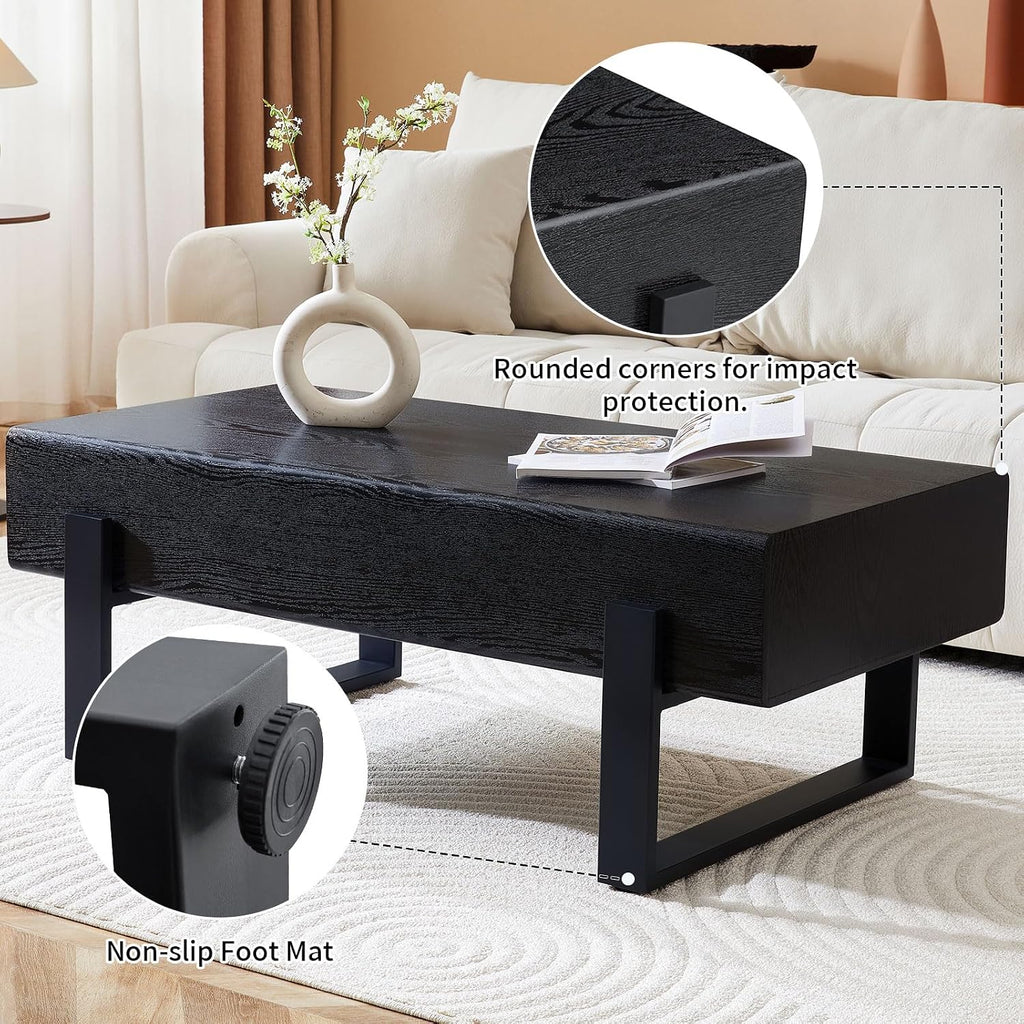 47.24' Rectangle Coffee Table, Wood Coffee Table Center Table with 7.8' Thick Tabletop Metal Legs Rounded Corners for Living Room Office, Black