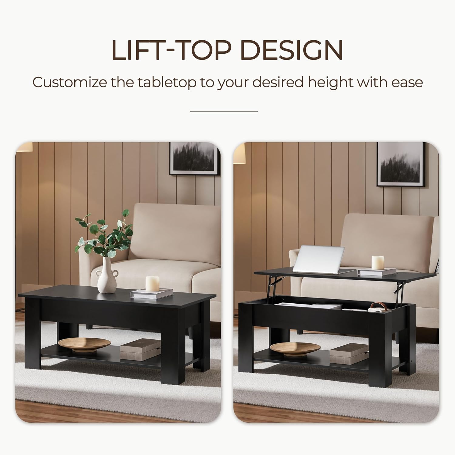 Yaheetech 38.6in Lift Top Coffee Table with 3 Tier Sofa Side End Table, Wood Living Room Tables Sets, Lift Top Coffee Tables with Stoage & Open Shelf and X Shape, Black