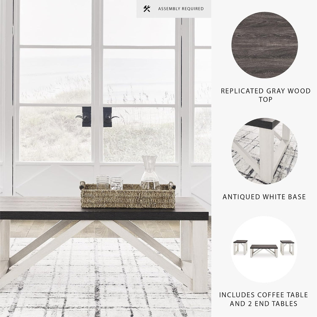 Signature Design by Ashley Dorrinson Farmhouse Table Set for Living Room, Set of 3, Dark Brown & White