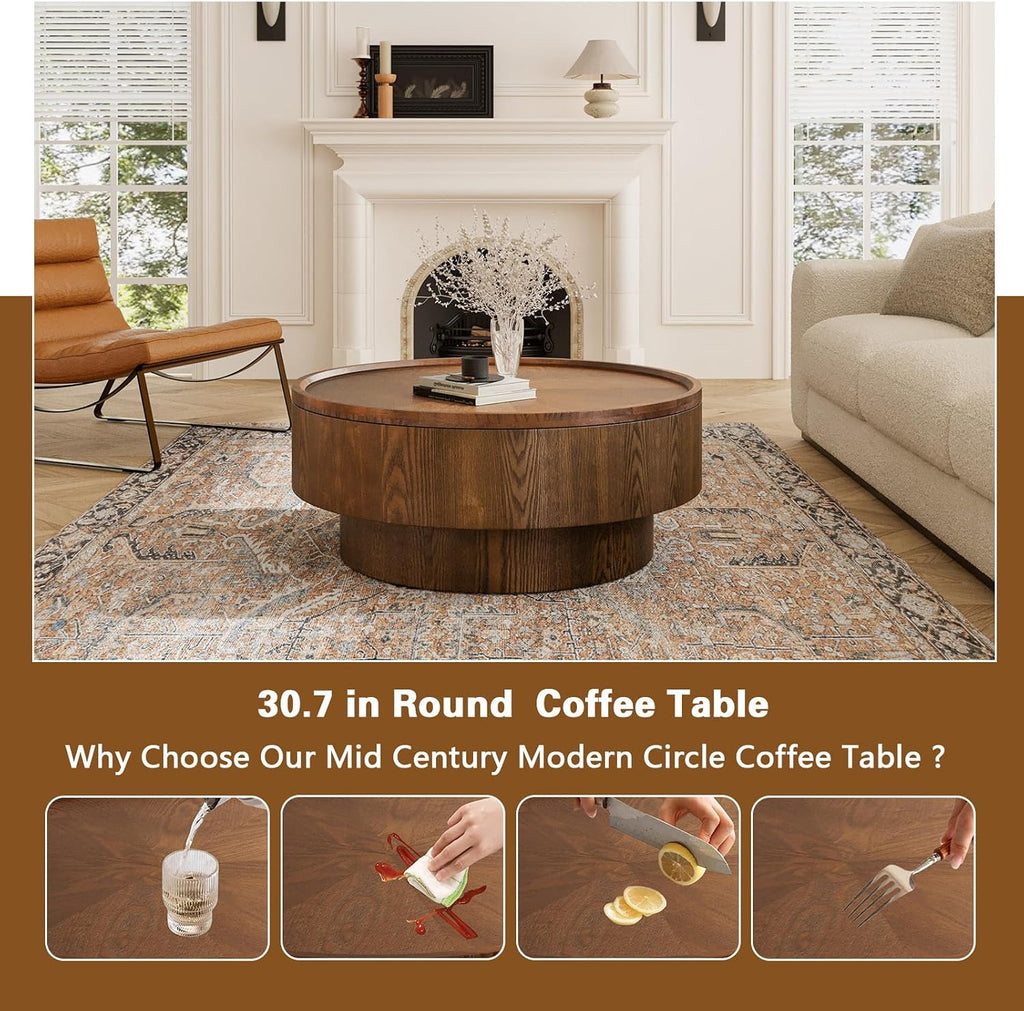 Round Drum Coffee Table White Fluted Coffee Table Circle Center Table Pedestal End Table for Apartment (Brown Round)
