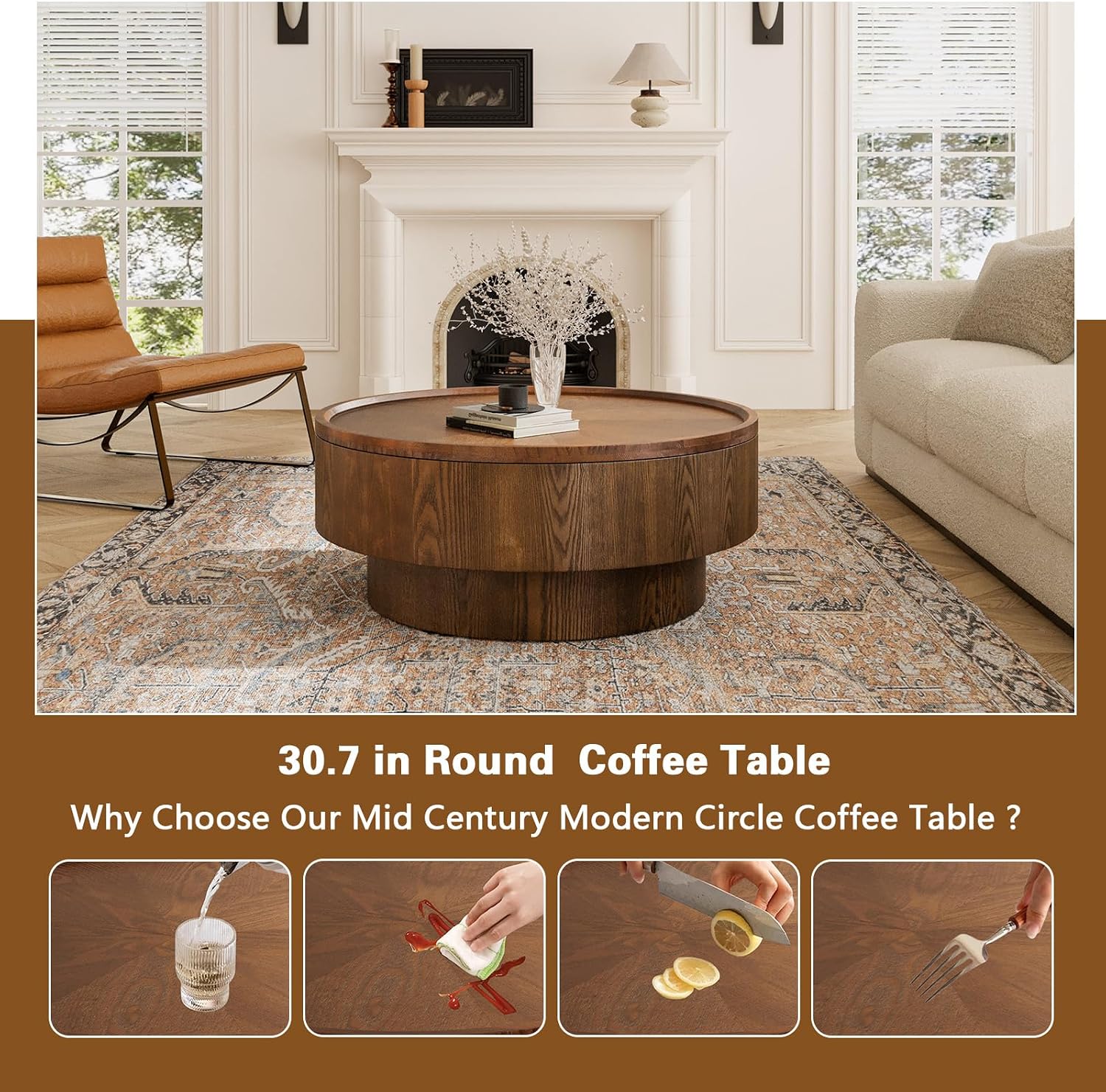 Round Drum Coffee Table White Fluted Coffee Table Circle Center Table Pedestal End Table for Apartment (Brown Round)