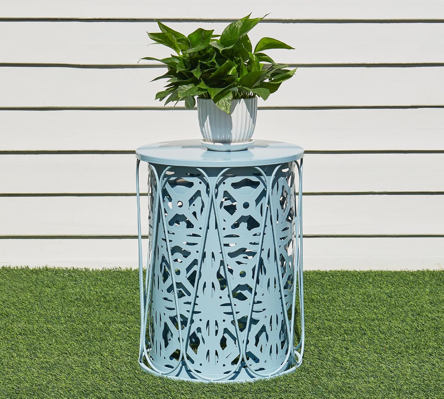 HFHOME Set of 3 Metal Outdoor Side Table, Nesting Round Coffee Table for Indoor Outdoor, Heavy Duty End Tables Plant Stand Living Room Garden Stool - Blue