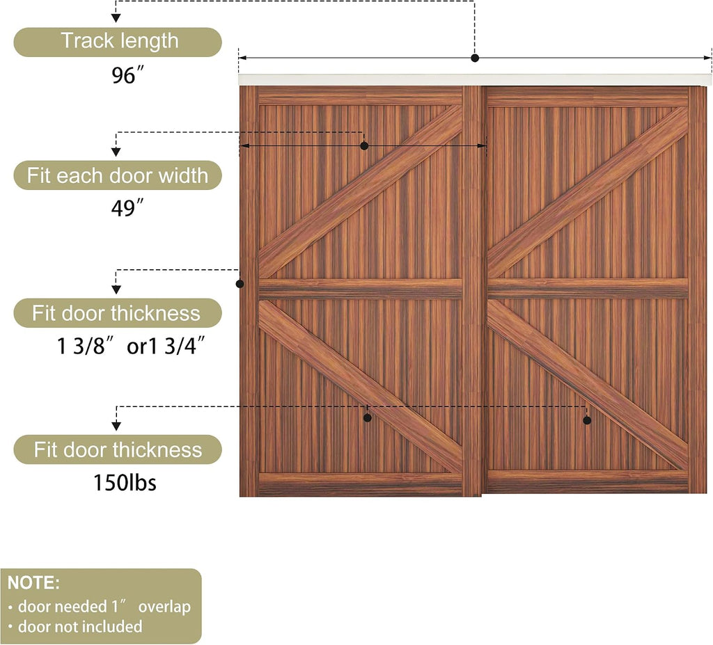 Heavy Duty Double Bypass Sliding Closet Door Track Kit Hardware 96'/8FT Aluminium Alloy Track Rail Set,for 2 Door System,Smoothly and Quietly,Silver