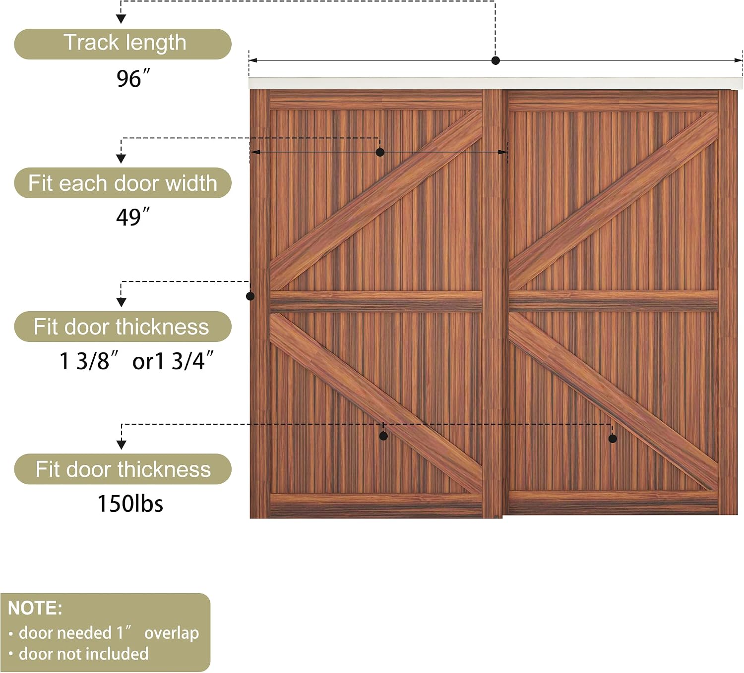Heavy Duty Double Bypass Sliding Closet Door Track Kit Hardware 96'/8FT Aluminium Alloy Track Rail Set,for 2 Door System,Smoothly and Quietly,Silver