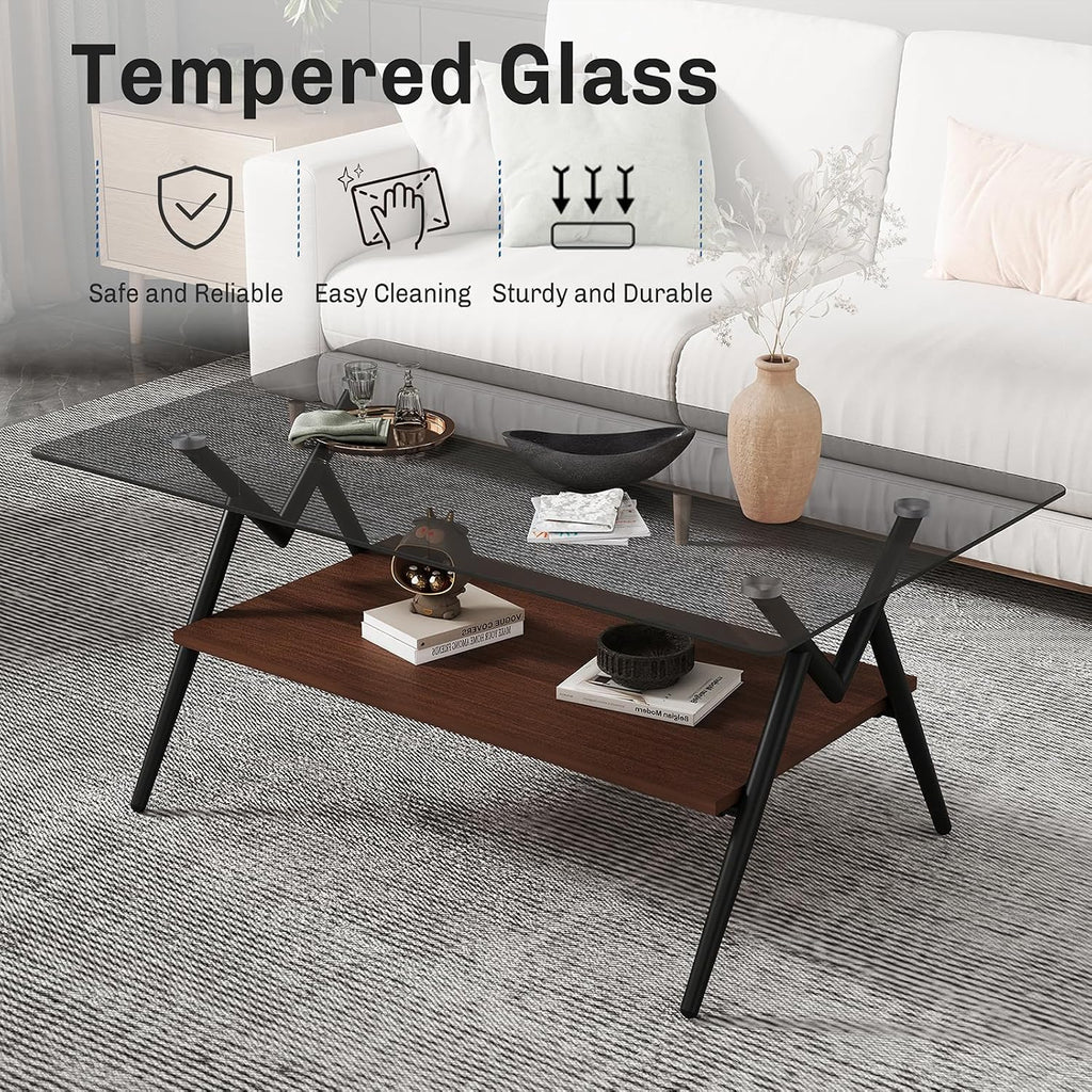 ODUSE-DAILY Coffee Table and End Table 3 Piece Living Room Set, Black Metal Frame Glass Top End Tables, Square Top Shelf, Sofa or Couch Side Tables, Mesa de Centro para Sala (3 Pcs)