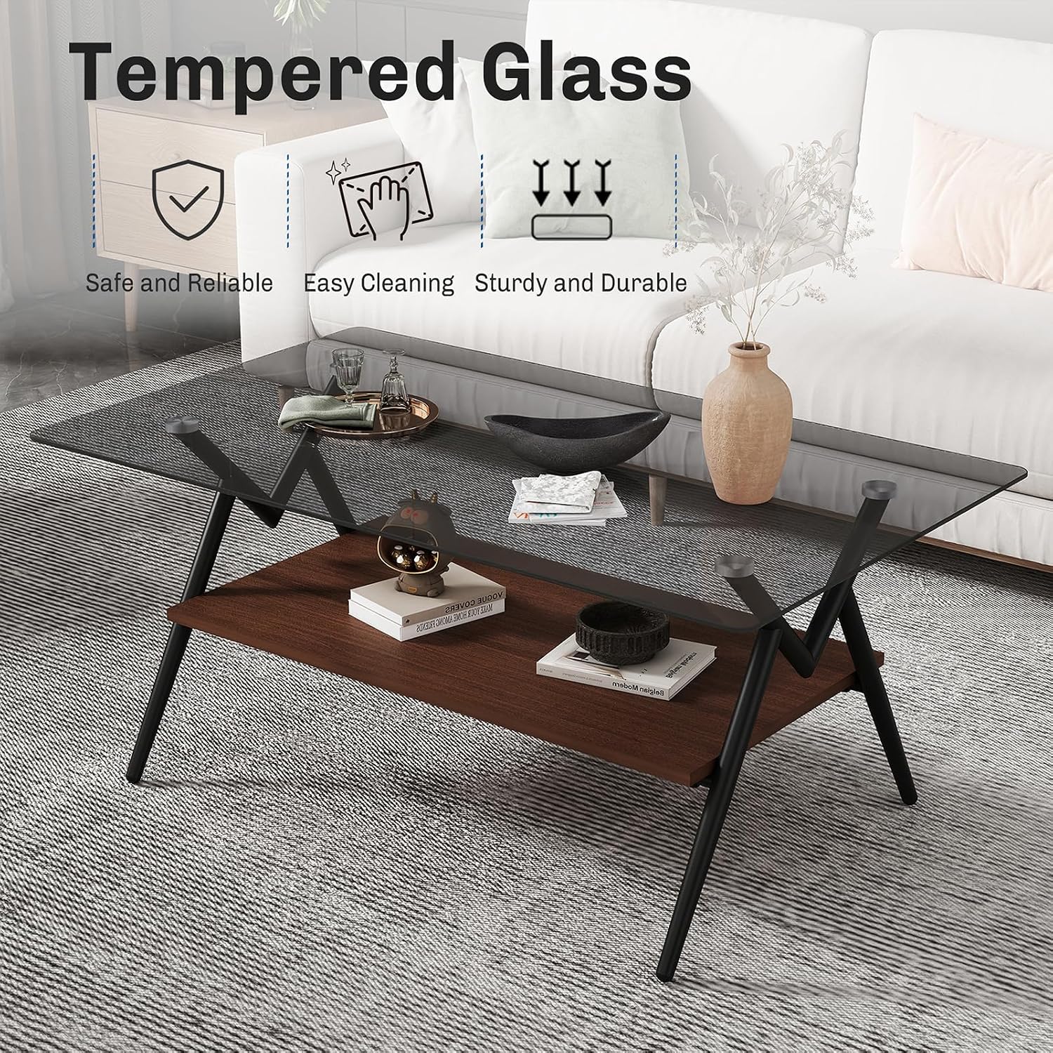 ODUSE-DAILY Coffee Table and End Table 3 Piece Living Room Set, Black Metal Frame Glass Top End Tables, Square Top Shelf, Sofa or Couch Side Tables, Mesa de Centro para Sala (3 Pcs)