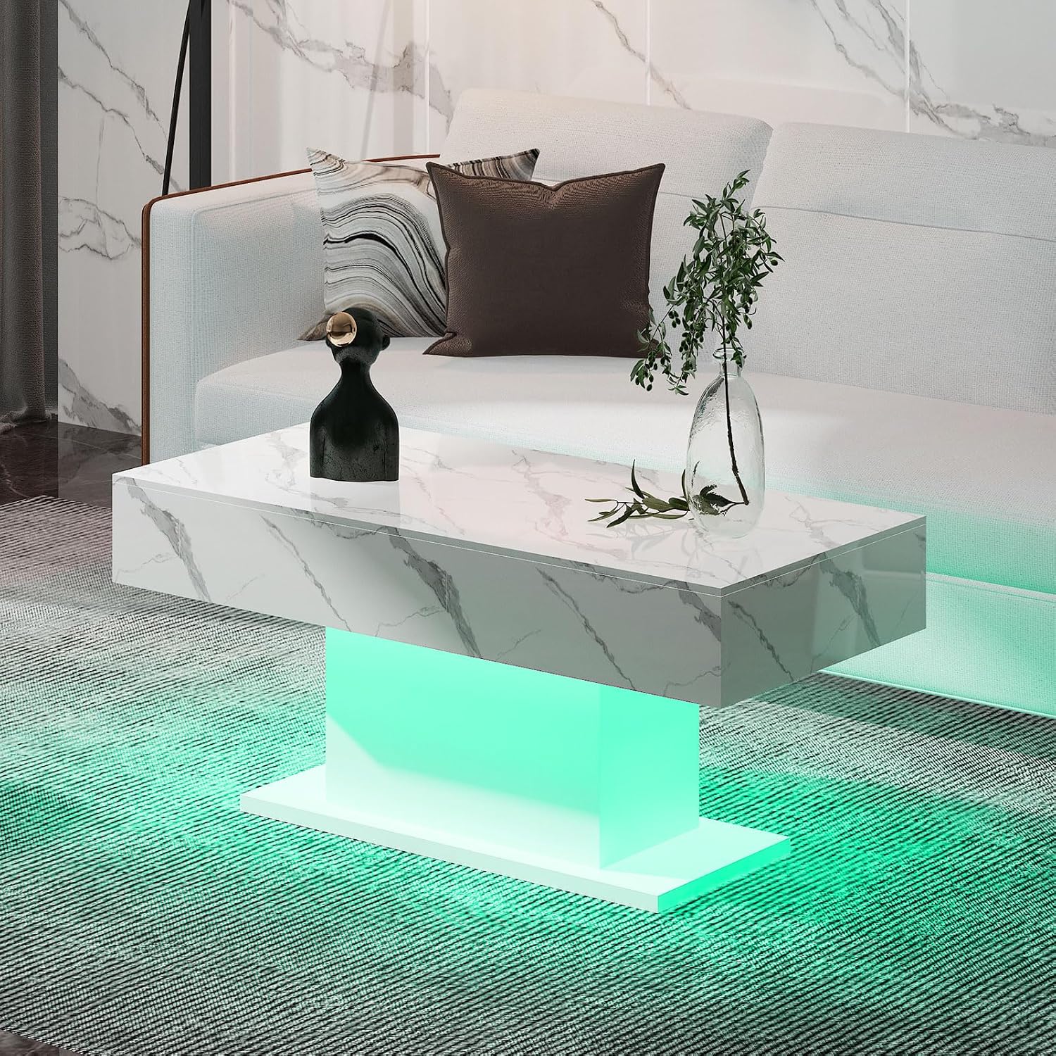 HedoAjim Led Coffee Table for Living Room, Living Room Table Rectangular Center Table, Modern High Glossy Wooden Coffee Tables with 16 Colors LED Lights for Dining Reception Room, White Marble