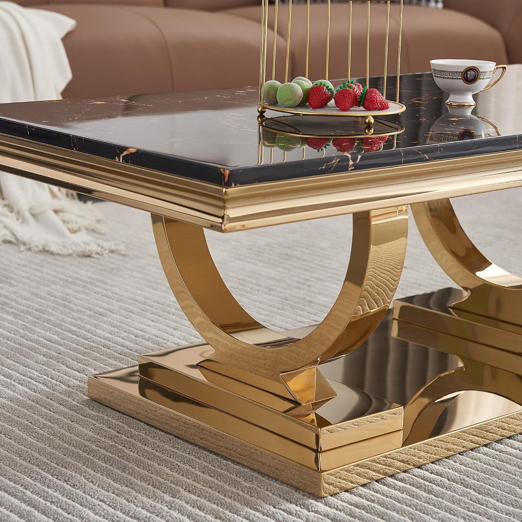 Marble Coffee Table, 47' Black Faux Marble Rectangular Cocktail Table with Mirrored Finish Double O-Shape Stainless Steel Base, Central Cocktail Tea Tables for Living Room Office, Gold