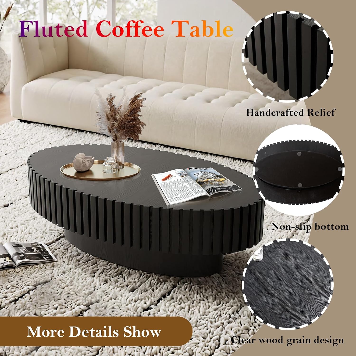 Handcraft Fluted Coffee Table 43.3' Oval Drum Center Tables with Sturdy Pedestal Easy to Assembly for Living Room Apartment Farmhouse (Oval Black 43.3in)