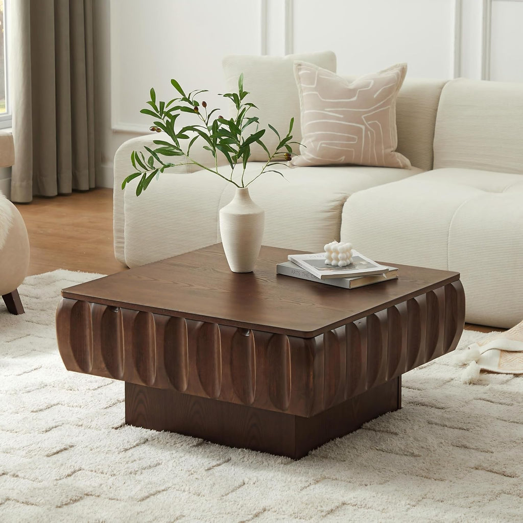 31.1'' Lift Top Coffee Table with Hidden Storage Space, Modern Drum Handcraft Wood Fluted Square Coffee Table for Living Room, Easy Assembly, Walnut