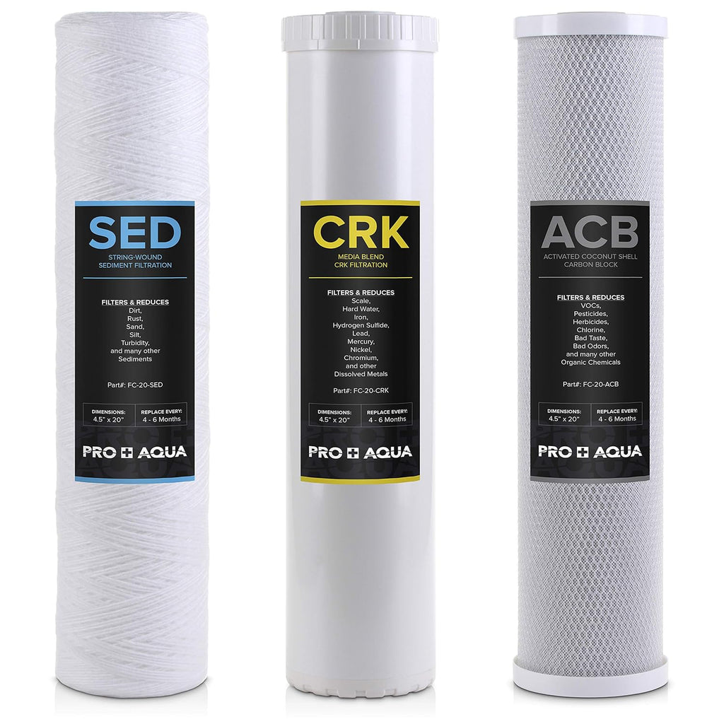 PRO+AQUA Whole House Heavy Metals Well Water Filter Replacement Set - 3 Stage, Sediment, KDF/Blend, Carbon Block - 20', 5 Microns