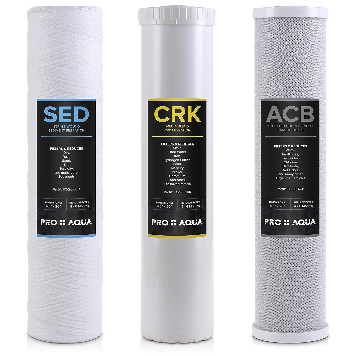 PRO+AQUA Whole House Heavy Metals Well Water Filter Replacement Set - 3 Stage, Sediment, KDF/Blend, Carbon Block - 20', 5 Microns