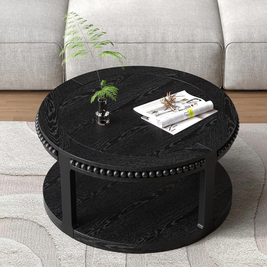 31.5'' Round Coffee Table, 2-Tier Modern Rustic Wood Circle Coffee Table for Living Room, Easy Assembly, Black