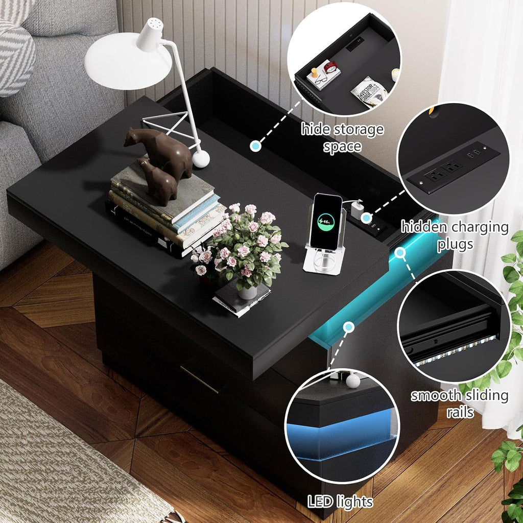 Black Nightstand with Charging Station and LED Lights,30.5 Inch Tall Night Stand with Sliding Top for Bedroom, Bedside Table with 3 Drawers, Modern End Side Table for Living Room