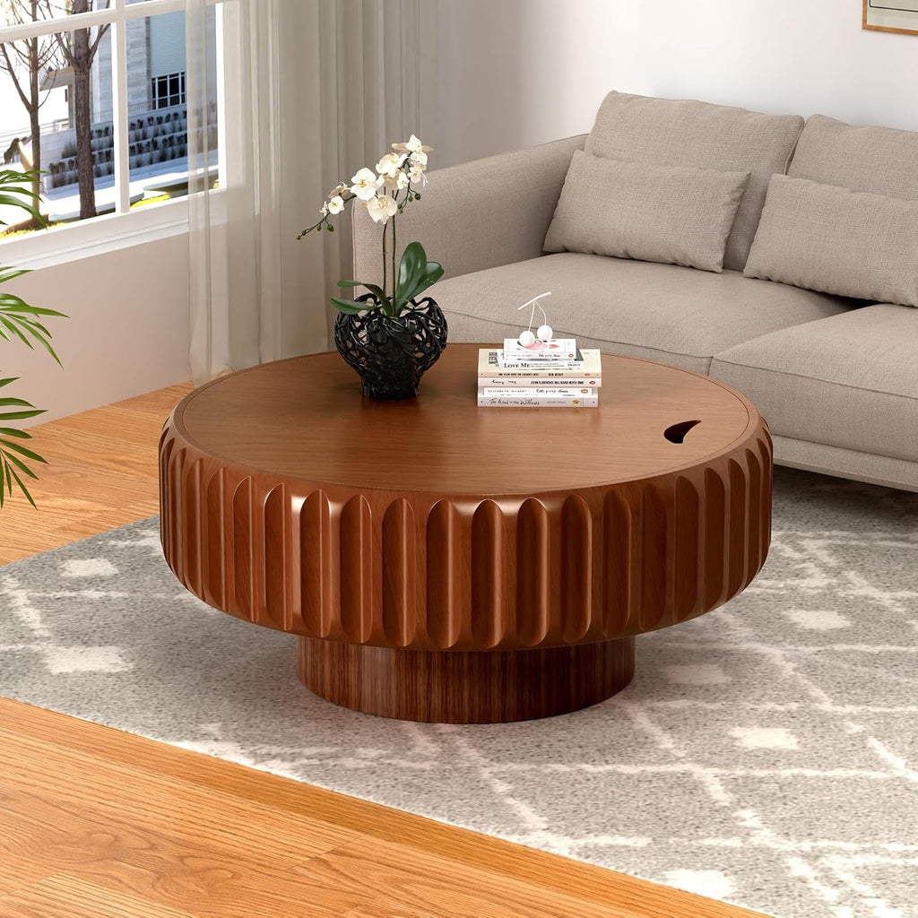 Round Drum Coffee Table White Fluted Coffee Table Circle Center Table Pedestal End Table for Apartment (31.5in)