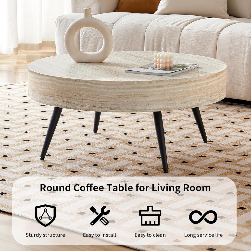 Round Coffee Table, Small Wood Stone Coffee Table with Storage, Modern Mid Century Circle Tables Accent Center Tables for Living Room Apartment Small Space (31.5''D-Stone Travertine Pattern)