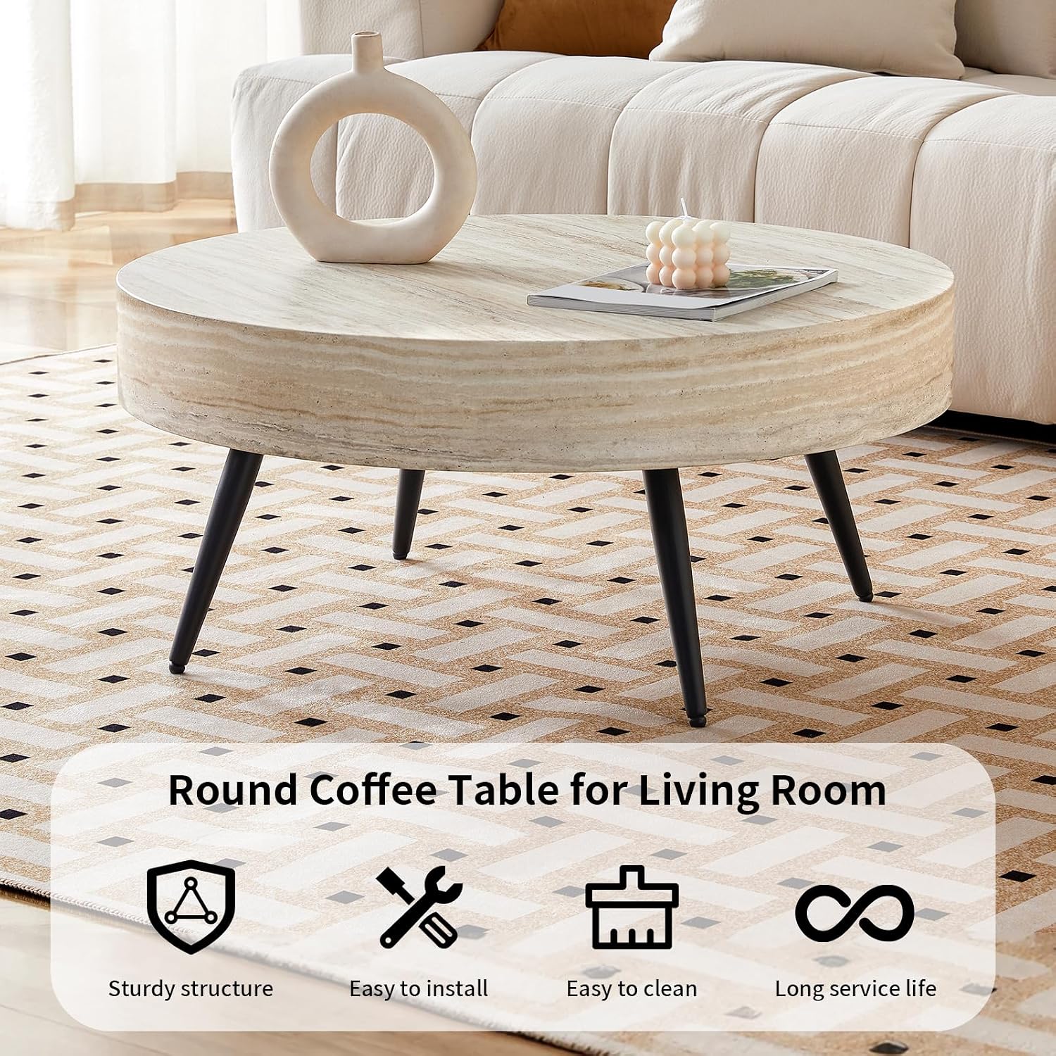 Round Coffee Table, Small Wood Stone Coffee Table with Storage, Modern Mid Century Circle Tables Accent Center Tables for Living Room Apartment Small Space (31.5''D-Stone Travertine Pattern)