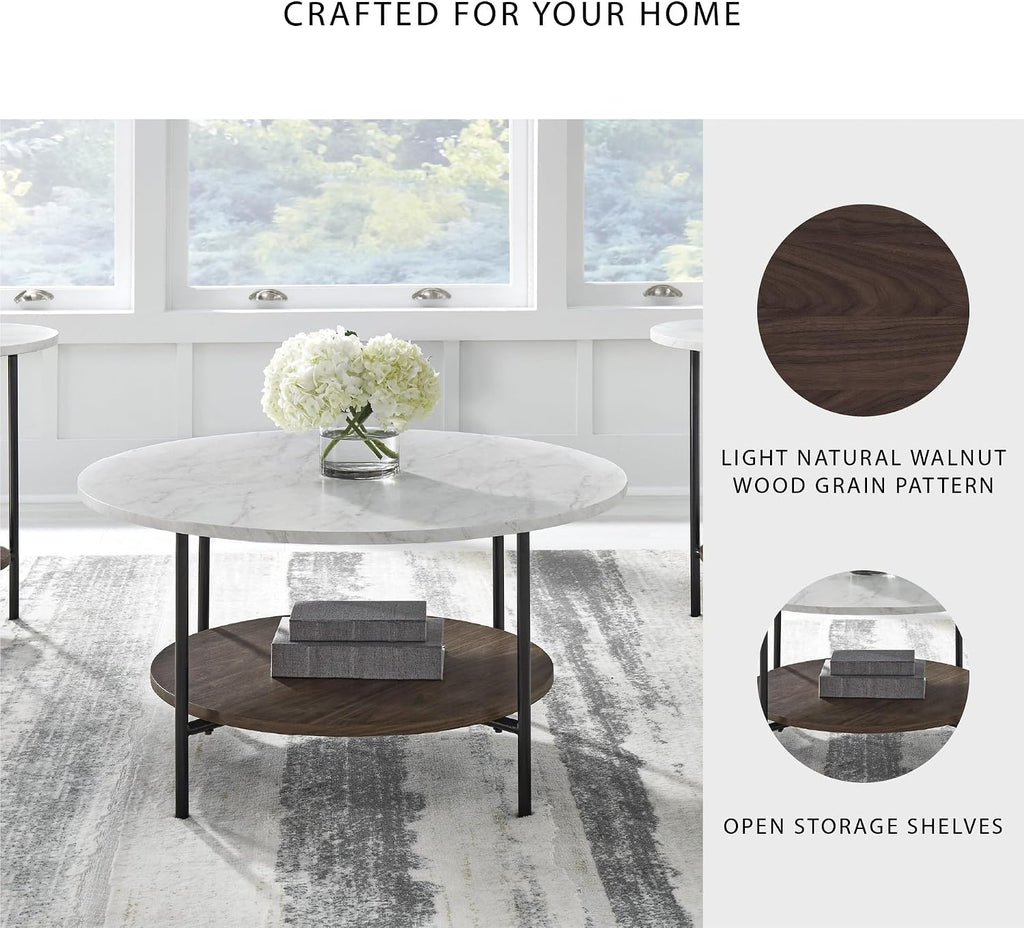 Signature Design by Ashley Wrenwich Contemporary Faux Marble Table with Shelf, Set of 3, Dark Brown & White