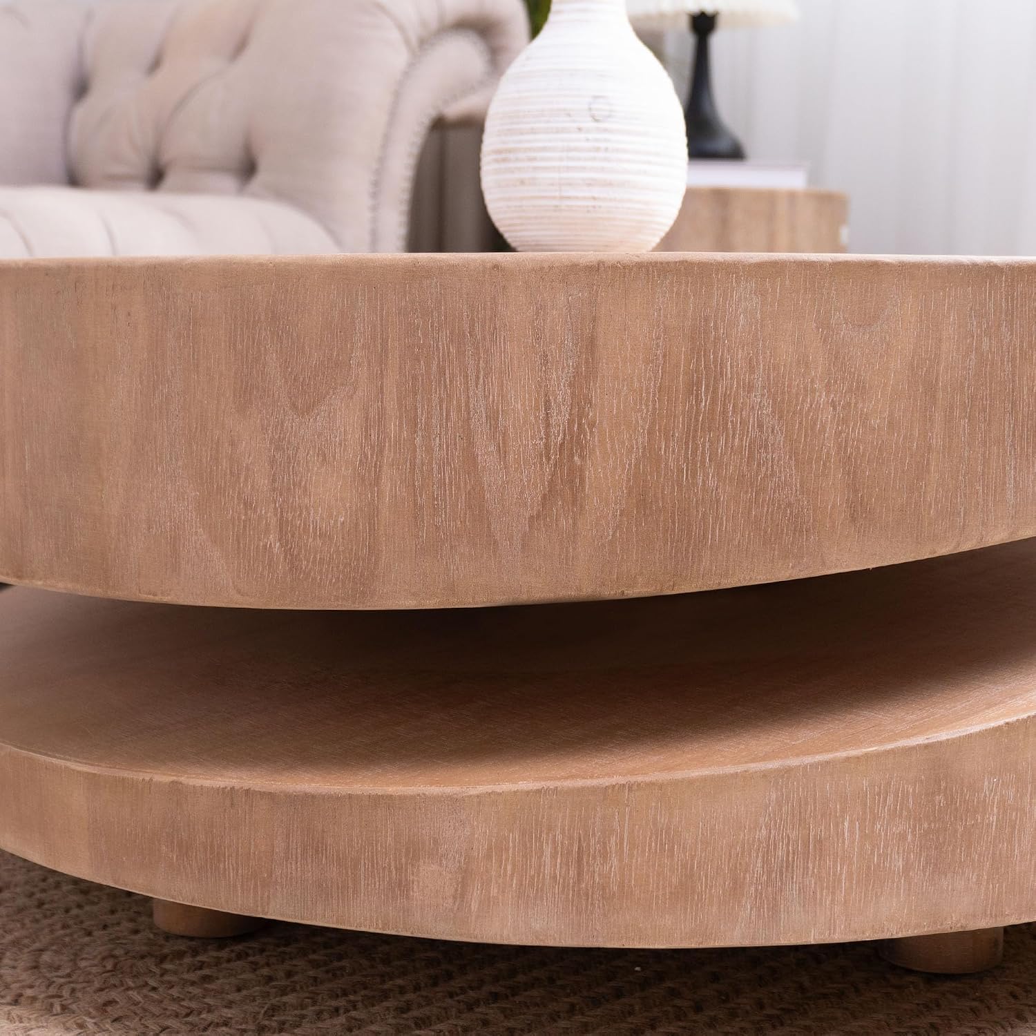 31.3'' Round Circle Coffee Table Modern Coffee Table for Living Room, Contemporary Minimalist Farmhouse Countryside Sculptural Style, Natural Wood Grain, No Assembly, Wood