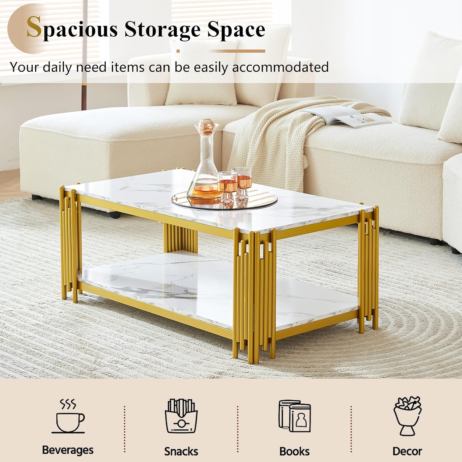 48' Rectangle White Marble Coffee Table Luxury 2-Tier Center Coffee Table with Golden Metal Frame Modern Living Room Table Elegant Accent Cocktail Tea Table with Storage Shelves