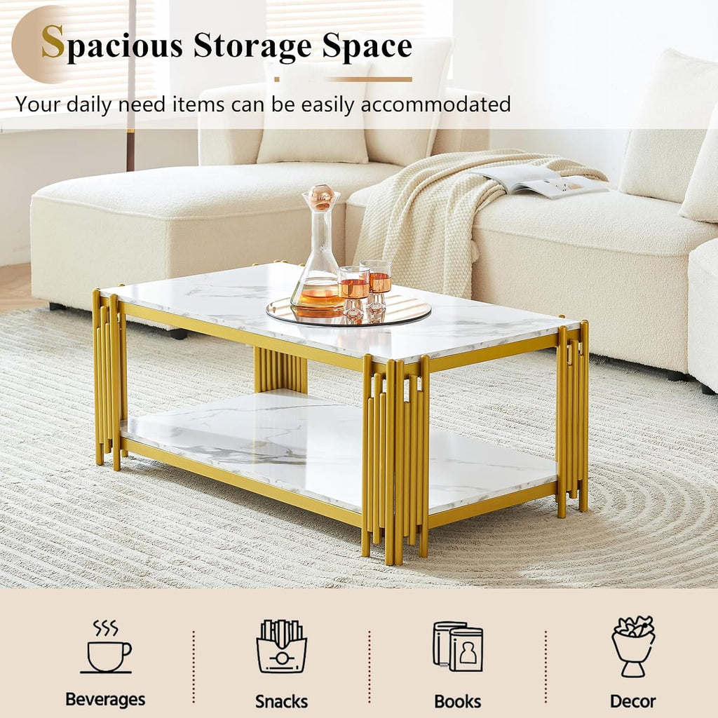 Gold Coffee Table, Modern 48' White Faux Marble Center Table with Gold Metal Frame, 2-Tier Rectangular Coffee Table Accent Cocktail Table with Storage for Living Room Home Office