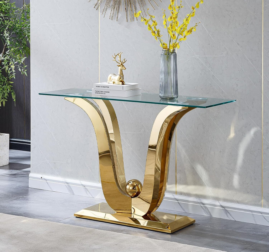 SSLine 1 Piece Living Room Console Table Luxury Glass Entryway Table, Modern Gold Console Table with Flower-Shape Stainless Steel Pedestal Base for Living Room Hallway Corridor(1 Console Table)