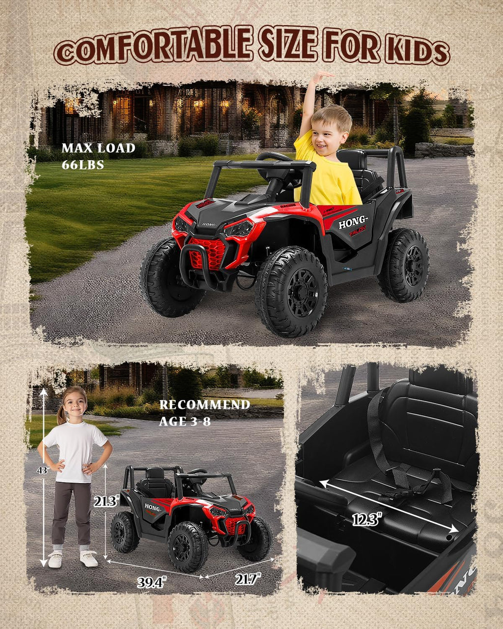 12V Kids Ride on Car, Battery Powered Electric UTV Truck with Parent Remote Control, Bluetooth, Music, LED Light, 3 Speeds, Soft Start, Safety Belt, Horn, Ride on Toys for Boy Girl (Red)
