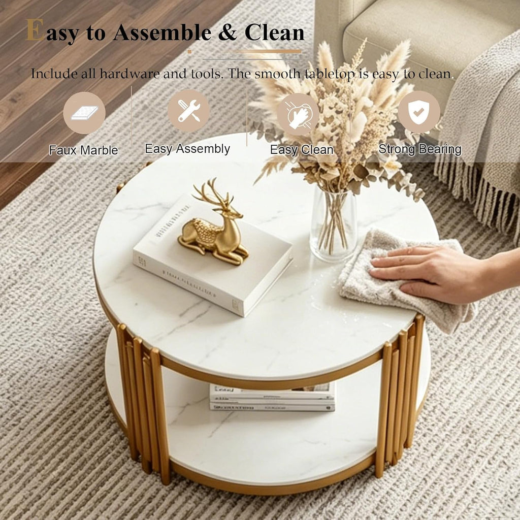 Round Marble Coffee Table Luxury 2-Tier Center Coffee Table with Gold Metal Frame Modern Living Room Table Elegant White Accent Cocktail Tea Table with Storage Shelves