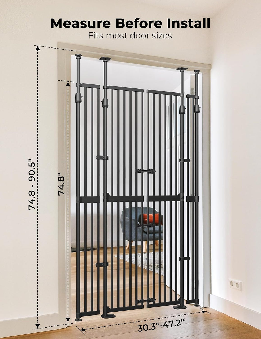 Extra Tall Cate Gate for Doorway: Pressure Mount 74.8'-90.5' Tall Cat Gate for Pets in Extra 30.3'-47.2' Width No Wall Drilling No Toddler for Indoor Stairs Hallway Room Safety Barrier