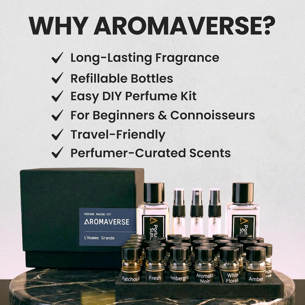 L'Homme Grande Perfume Making Kit - Make Your Own Perfume Kit for Women & Men with 30 Aromatic Ingredients, Spray Bottles, Droppers & 6 Recipes, Masculine Fresh, Woody & Spicy Notes