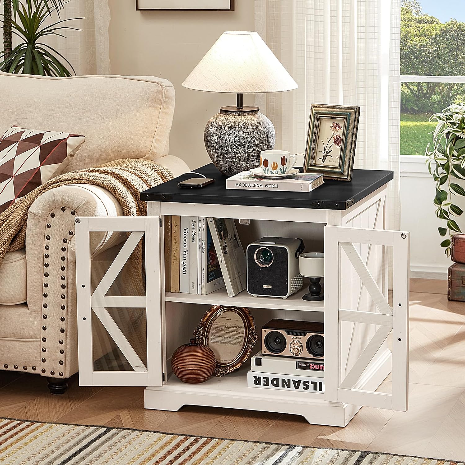 Joaxswe 24' End Table Set of 2 with Charging Station, Farmhouse Night Stand with Glass Barn Door, Nightstands with Adjustable Storage Shelf, Large Wood Square Bed Side Table for Living Room,Bedroom