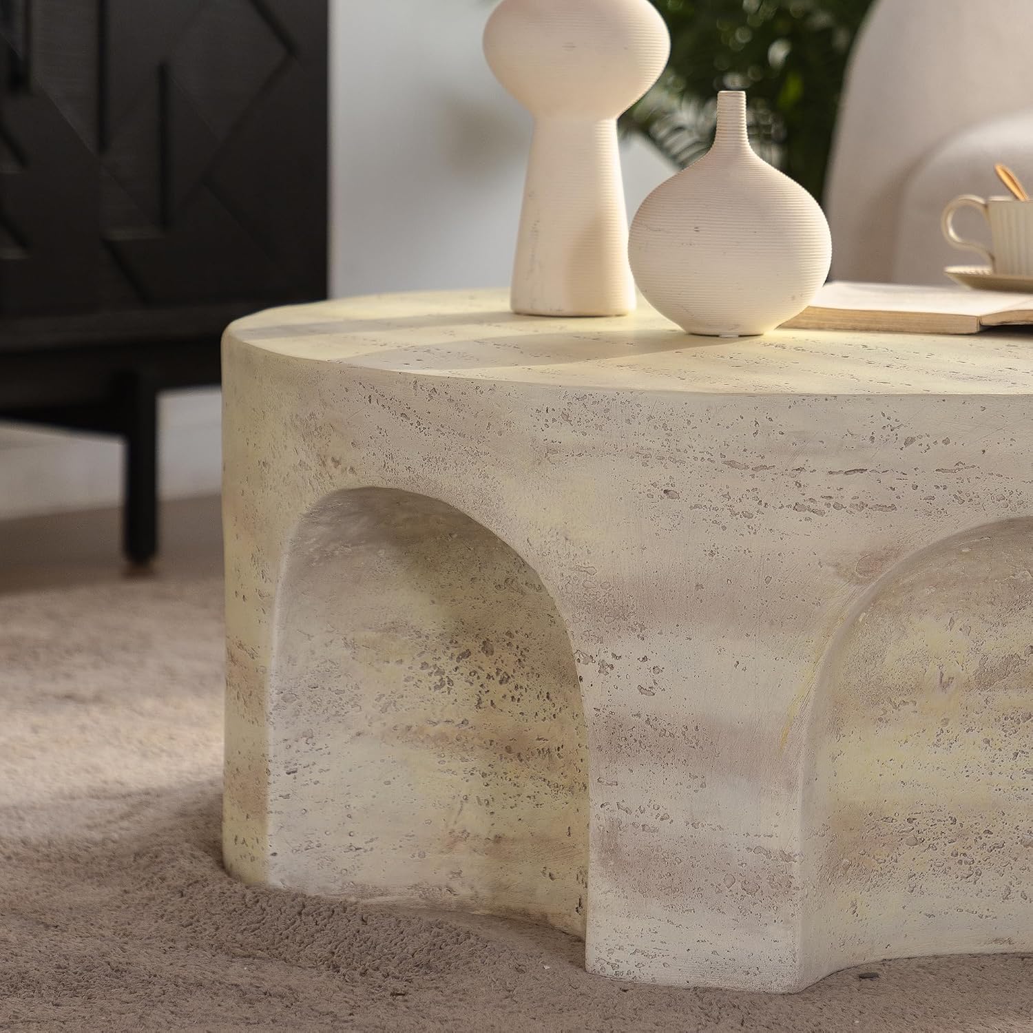 Modern Accent Coffee Table with Unique Arched Cutout Base, Minimalist Round Center Table for Living Room, Bedroom, Home Decor, No Assembly Required, Amber